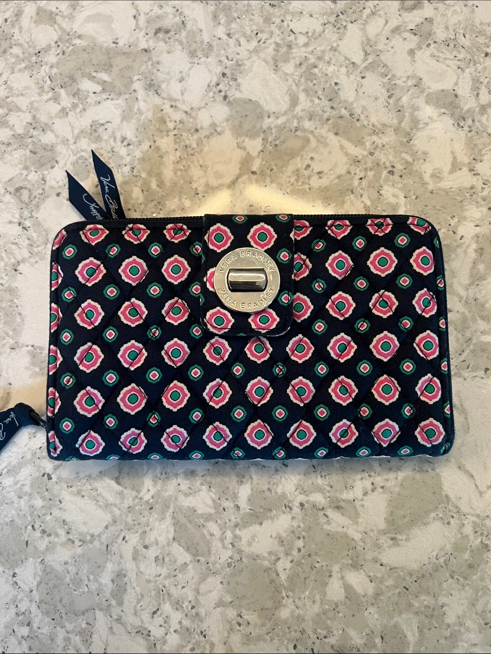 Vera Bradley Turnlock Quilted Wallet Pink/Green/White on Navy (Petal Dots)